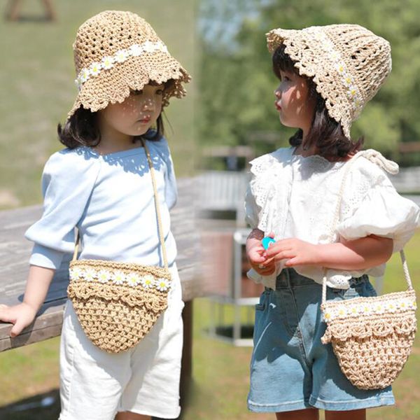 

lace flower kids panama hats for girls straw baby hat summer kids sun hat for girls beach baby girl cap bag suit, Yellow