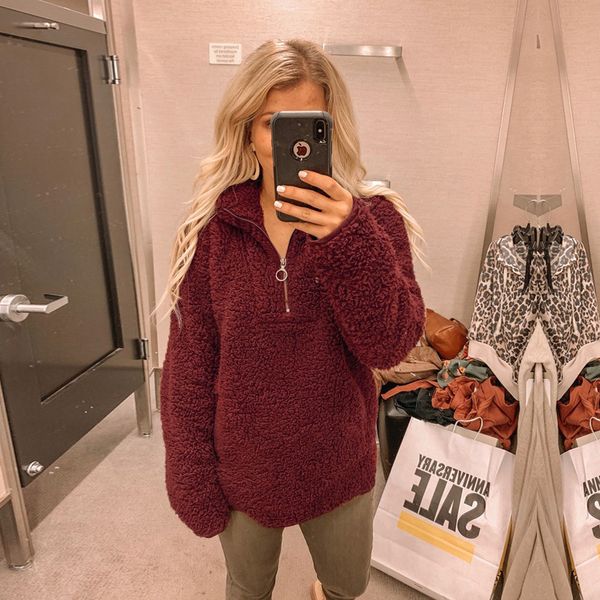 

autumn and winter lapel zipper pocket long sleeve womens plush coat, Black