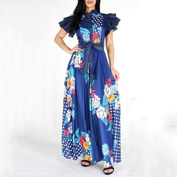 

vintage women summer shirt dress floral print blue yellow high waist lace up maxi office ladies clothes african style long dress, Black;gray