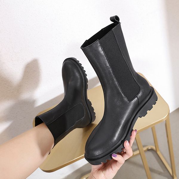 

зимние сапоги из натуральной кожи меха круглый носок женские резиновые ботинки дождя пинетки женщина 2020 низкий каблук сапоги-женщины, Black