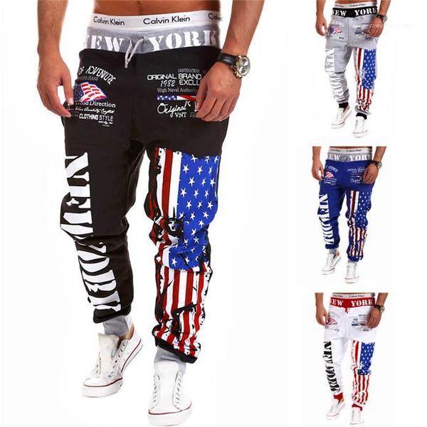 

fashion fitness baggy elastic waist sweatpants men loose letter casual sports trousers mens usa flag jogger pants man, Black