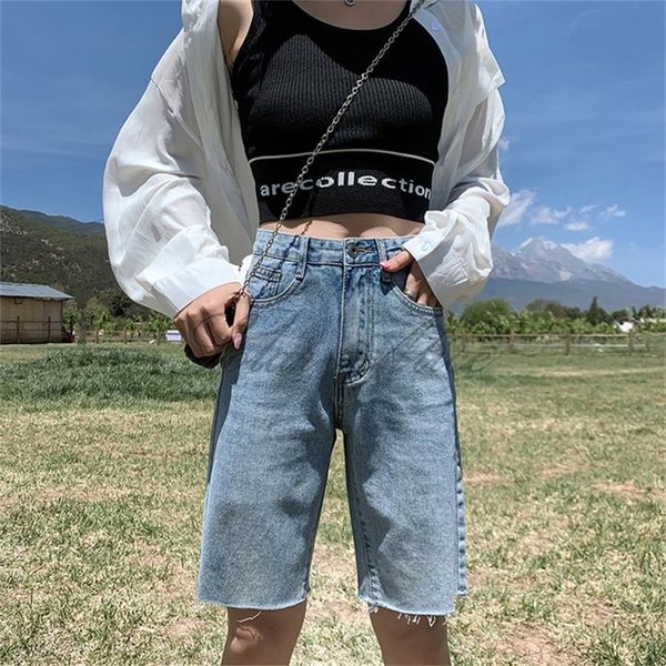 

women's jeans in 2021 summer edge denim knee-length pants high waist loose straight shorts retro color, Blue