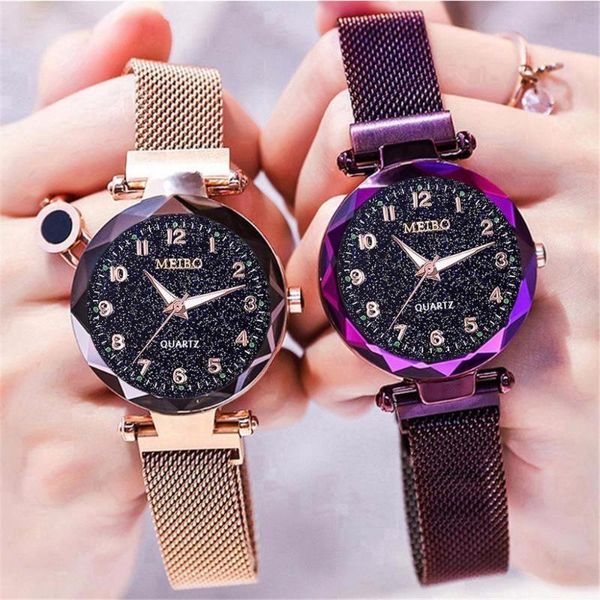 

women magnet buckle starry sky luminous watch luxury meibo ladies stainless steel quartz watch relogio feminino selling, Slivery;brown