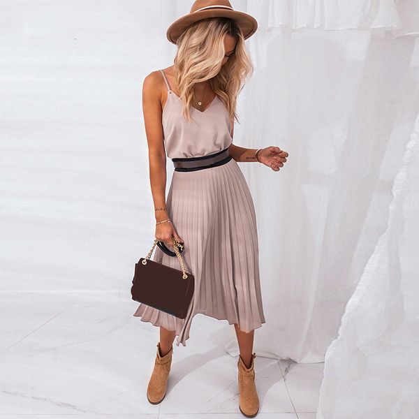 

women spaghetti strap summer dress women a-line pink female pleated midi dress casual office ladies party dresses, Black;gray
