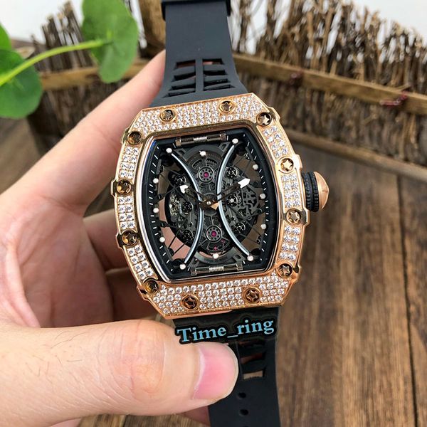 

edition rm53-01 skeleton dial rose gold diamond case automatic mechanical movement rm53-01 mens watch black rubber strap sport watches, Slivery;brown