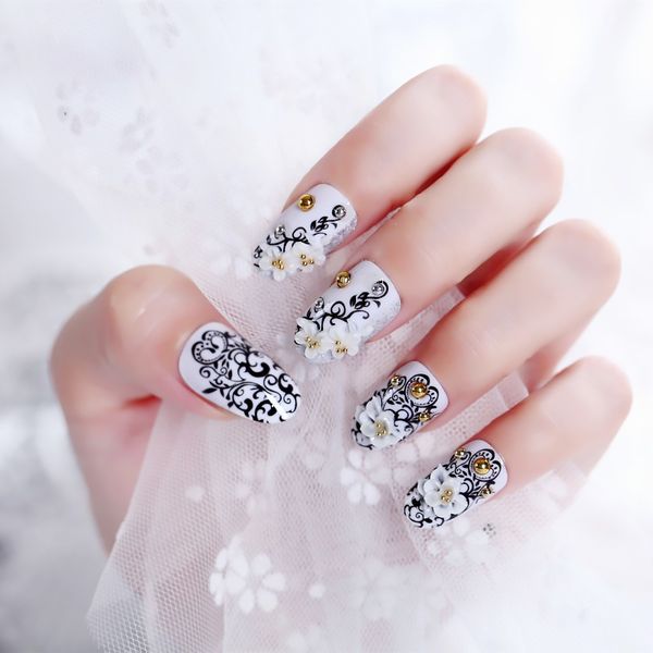 

24pcs/box full cover fake nails press on totem flower design faux ongles beauty manicure-products acrilico para maquiagem nails, Red;gold