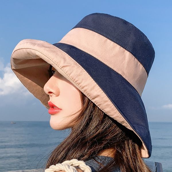 

female summer sun-proof ultraviolet sun double-sided contrast color korean hipster big brim hat hat cap beach travel, Blue;gray
