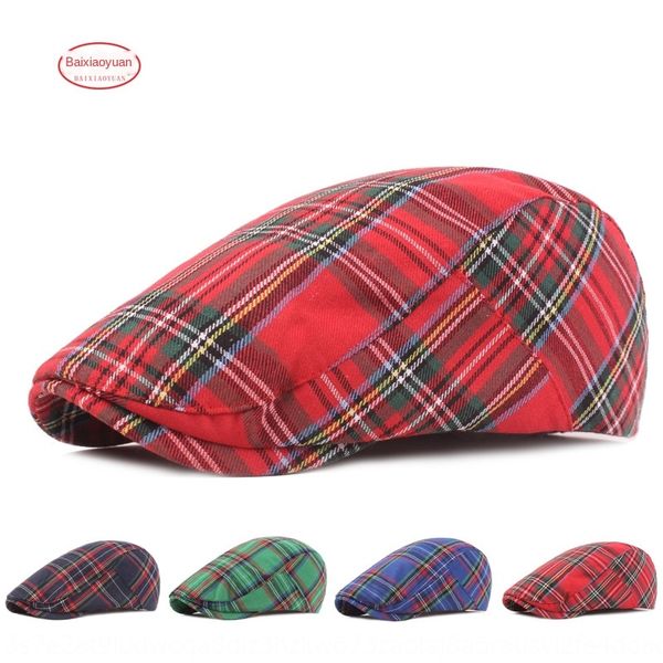 

plaid cloth cap ladies literary youth front-in hat net plaid cloth beret beret red hat, Blue;gray