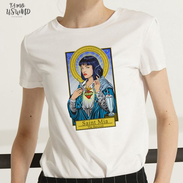 

pulp fiction t shirt female harajuku fun quentin cap sleeve tarantino movie mia wallace print summer casual fashion women t shirt, White