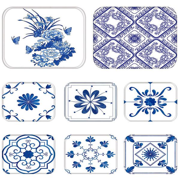 

blue white porcelain kitchen entrance door mat coral velvet carpet rubber colorful indoor floor kitchen rug non-anti-slip mats