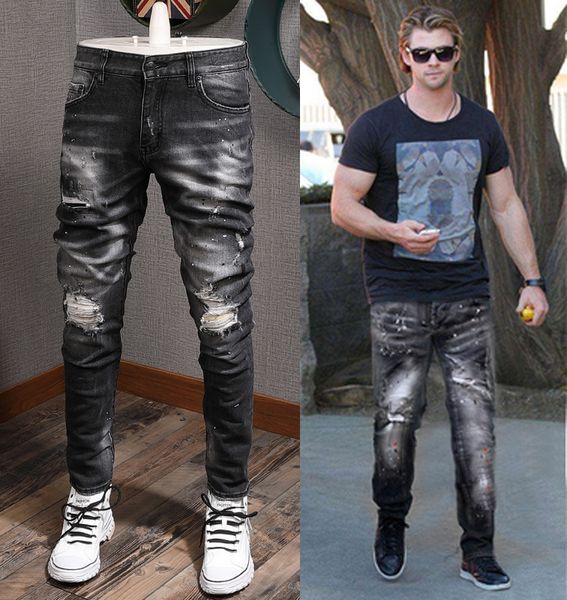 

euro size 52 italia style jeans cool twist fit man fade paint distressed vintage denim pants, Blue