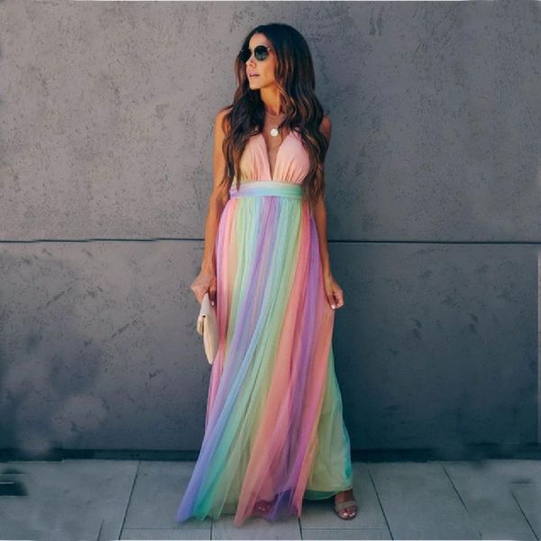 

cross back spaghetti strap deep v-neck high waist club party dress multicolored chiffon tunic women runway maxi dress a363, Black;gray