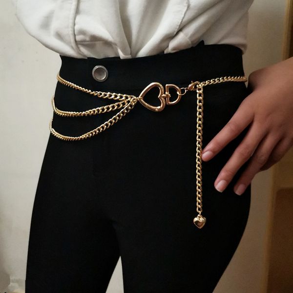 

summer fashion woman metal waist chain belts hip high waist gold narrow simple heart hollow chain chunky fringes belt, Black;brown