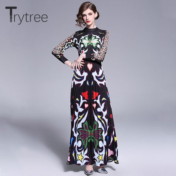 

trytree summer autumn dress high street women print polyester dresses ankle-length a-line office lady silky t-shirt dresses, Black;gray