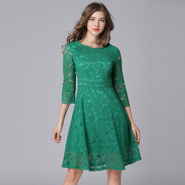 

2020 spring fall fashion women 3/4 sleeve high waist lace dress , autumn summer woman clothes , 4xl green pleated dresses, Black;gray