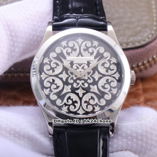 

2 styles fl calatrava arabesques 38mm cal.240 automatic mens watch 5088 hand-engraved black enamel dial leather strap gents watches, Slivery;brown