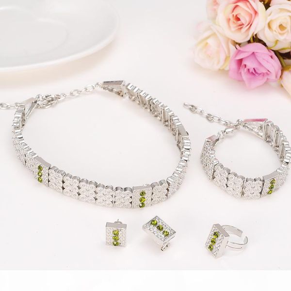 

women new full ethiopian jewelry white neck chain necklace bracelet earring ring sets 24k white gold cz green blue red, Black