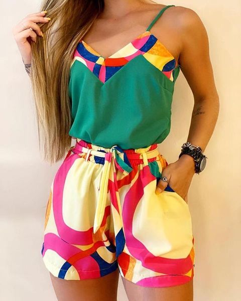 

spaghetti strap print two-piece set casual summer 2 piece outfits for women, White