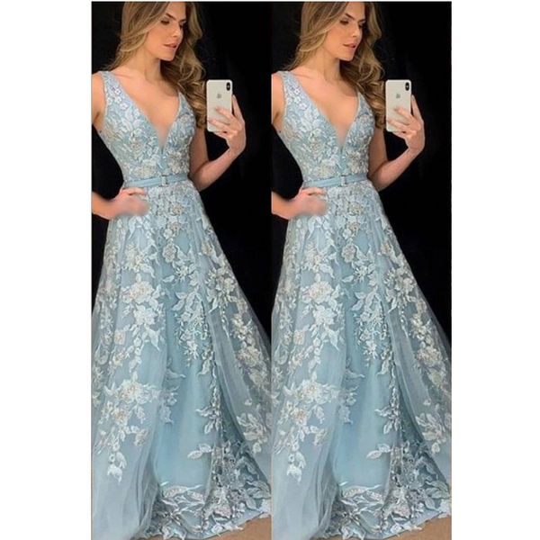 

light sky blue lace long prom dresses, Black