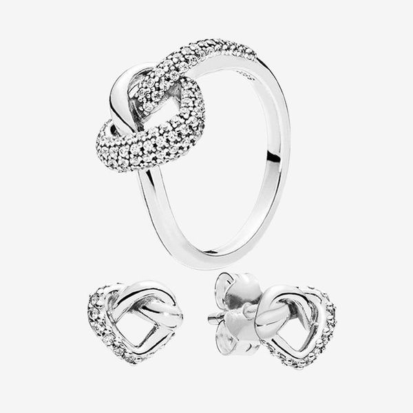 

new arrivals knotted heart stud earrings and ring sets original box for pandora 925 silver wedding love ring earring set for women, Slivery;golden