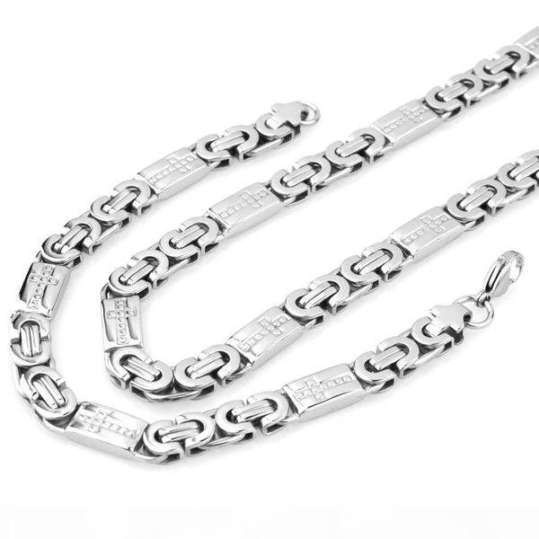 

прохладный комплект ювелирных изделий 6мм мужские цепи мальчиков браслет серебряный тон плоский византийский link нержавеющей стали ожерелье, Silver