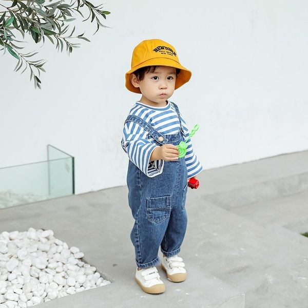 

children's sling slingdenim suspender pants 2019 autumn new korean style loose all-match casual denim suspender for boys and girls, Blue