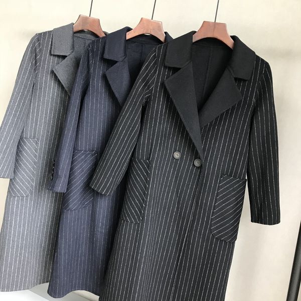 

женщины пальто осень и зима полосатый костюм воротник пальто шерсти женщин, Black