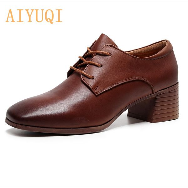 

aiyuqi women's shoes natural leather 2020 new square toe british style women's shoes retro casual lace-up women, Black