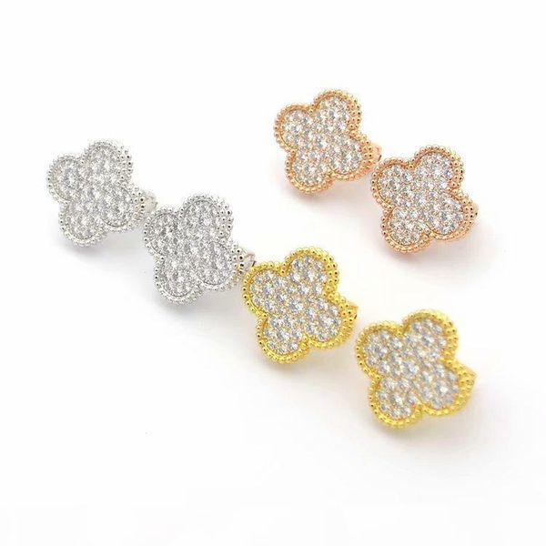 

s europe america fashion lady women brass vintage single motif full diamond four leaf flower 18k gold hoop stud earrings size 1 .8cm, Golden;silver