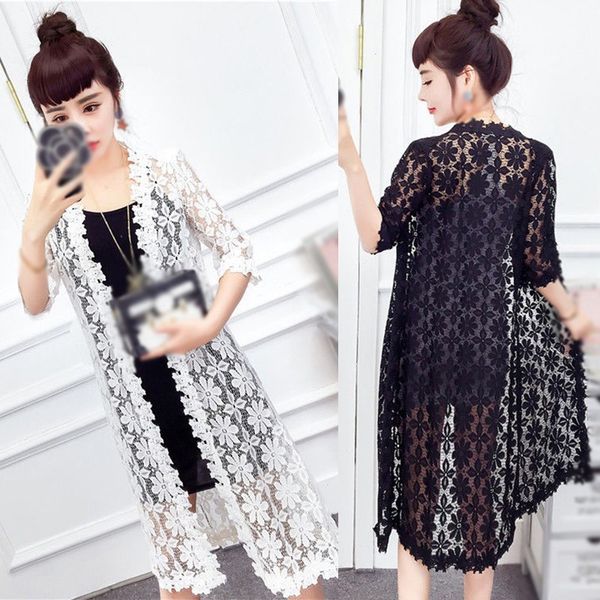 

summer korean style lace cover ups hollow long thin cardigan ladies summer beachwear, White;black