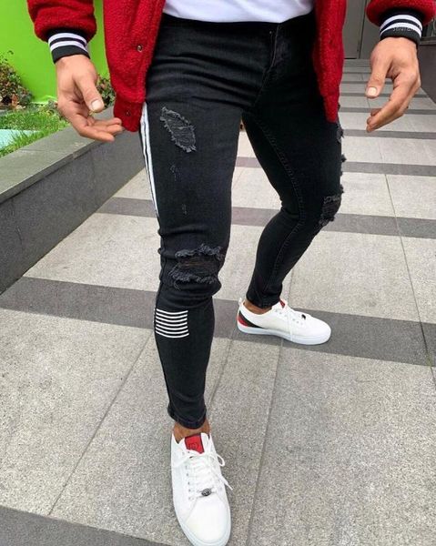 

aprilmomo2020 the new trend of european and american men's hole-printed elastic feet jeans fashion youth popular tight-fitting1, Black