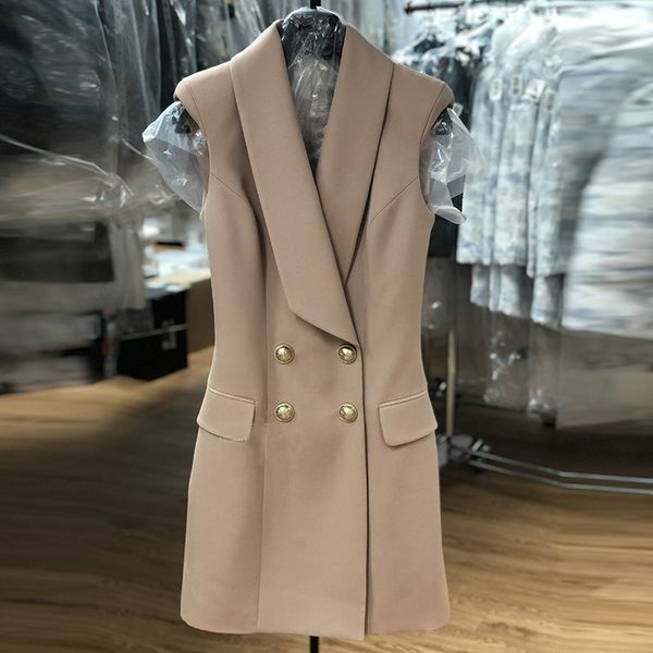 

runway 2020 designer dress women's sleeveless extra shoulder lion buttons double breasted notched collar dress, Black;gray