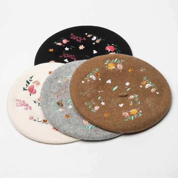 

new bird flower embroidered woolen woolen painter's hat painter's hat beret women's casual embroidered beret, Blue;gray