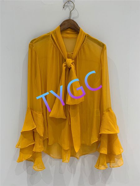 

shirt; overshirt; blouse; undies 100% natural silk shirt simple but elegant flare sleeve blouses belt women's wear, White