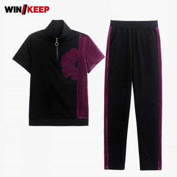 

summer women loose short sleeve elastic waist pants two piece set fashion tracksuit printed t-shirts sport running suit, Black;blue