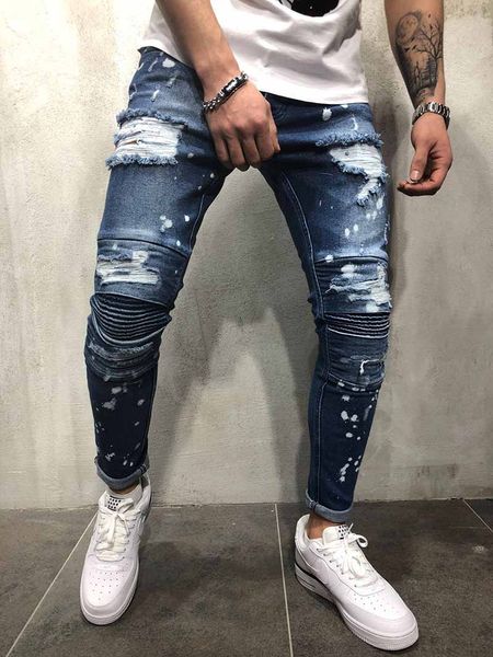 

Mens Jeans Casual Men High Street Slim Straight Jean Men Europe and America Style Stretch Jeans Fashion Holes Washed Jeans Blue Color