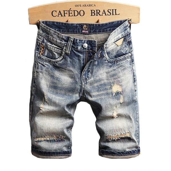 

men's jeans summer ly designer men shorts retro half length ripped cotton denim fashion hip hop short, Blue