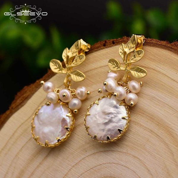 

glseevo natural fresh water baroque pearl earrings for women plant leaves dangle earrings luxury handmade fine jewelry ge0308 t190626, Golden;silver