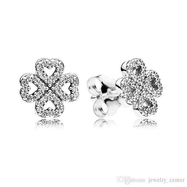 

real 925 sterling silver lucky clover stud earrings original box for pandora cz diamond women girls earring set, Golden;silver