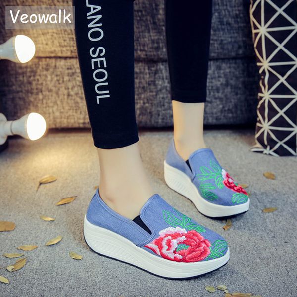 

veowalk women embroidered canvas flat platforms thick bottom ladies casual denim cotton fabric embroidery slip-on loafer shoes, Black