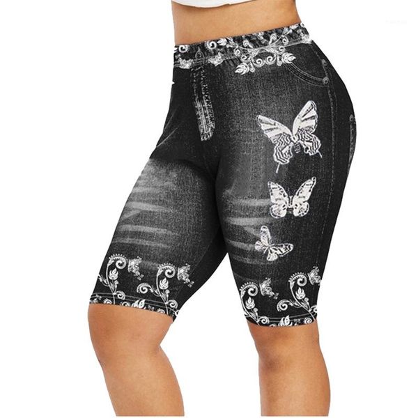 

butterfly printed stright pants imitation jeans fashion female clothing summer womens designer leggings pants solid color hight waist, Black
