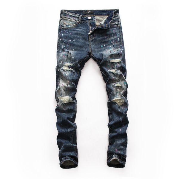 

2020 new fashion mens stylist black jeans skinny ripped destroyed stretch slim fit hop hop pants new arrivals mens designer sweatpants, Blue