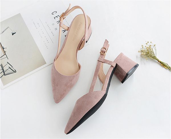 

square high heels female shoes woman 2020 flock ankle straps slingback women office career sandals casual nude wedding pumps, Black