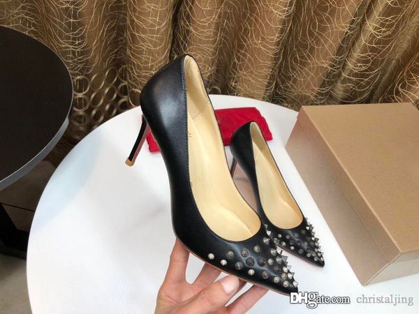 

summer women red bottom flat shoes patent leather rivets sandals designer luxury women nail valentine studded wedding high heel shoes, Black