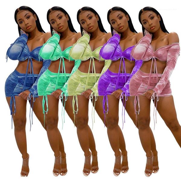 

drawstring hollow out woman 2 piece outfits wrapped chest pleated womens tracksuits tie dye mini skirt long sleeve pure color, Gray
