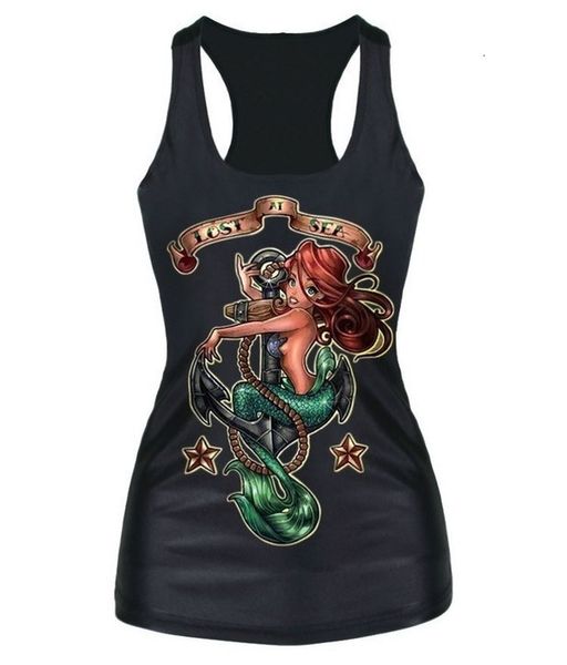 

summer punk womens print sleeveless tank shirts the little mermaid spandex anchor design casual 3d vest plus size, White
