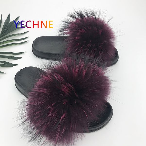 

multicolor new real fox fur slipper spring summer slide fashion lady shoes, Black