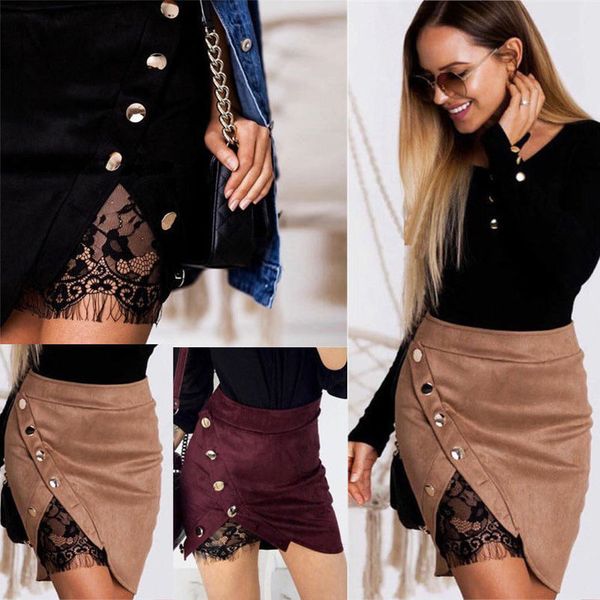 

women high waist suede skirts bodycon vestido lace up suede faux leather pocket preppy short mini skirts 2020, Black