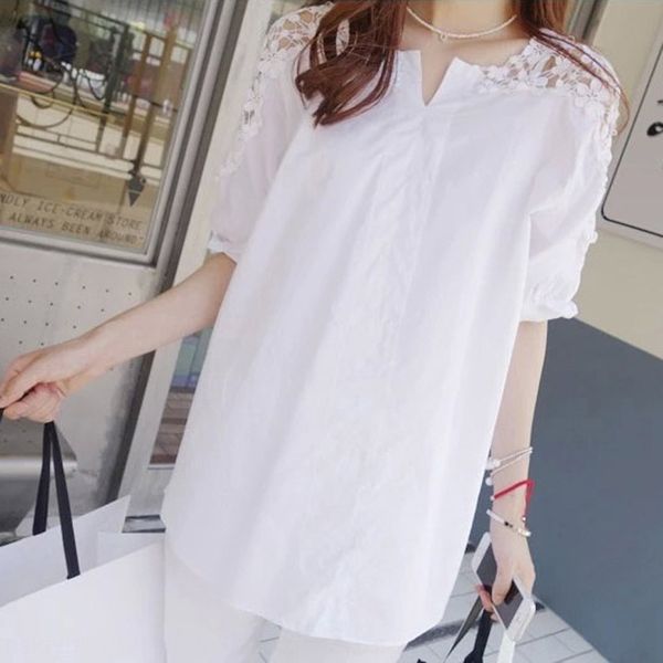

ew3mq plump mm large size women's 2020 summer new solid color hollow-out off-shoulder lace stitching small v-neck short sleeve loose la, White