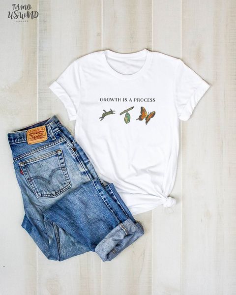 

growth is a process t shirt flutter sleeve women casual grunge cotton funny tumblr street style camisetas aesthetic tee top, White